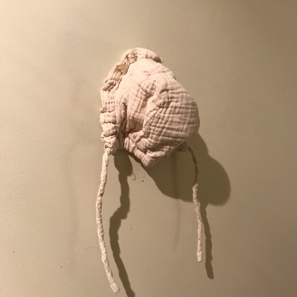 Two baby bonnets, 0–3 months, blue and white stripe & beige with ruffles - Picture 2 of 5